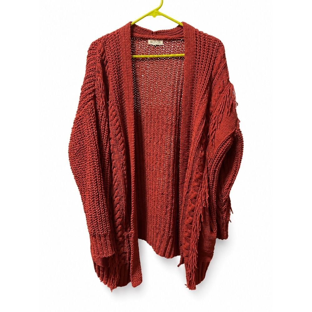 Marcaux & Ellie Rust Orange Chunky Knit Fringe Open Front Cardigan XL
